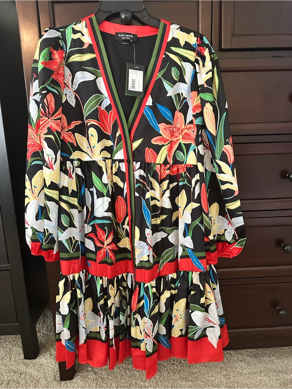 kate spade black floral tiered V-neck dress with red trim New with tags